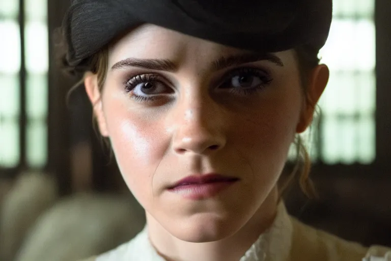 Prompt: cinematic still of Emma Watson in Peaky Blinders (2013), XF IQ4, f/1.4, ISO 200, 1/160s, 8K, RAW, dramatic lighting, symmetrical balance, in-frame