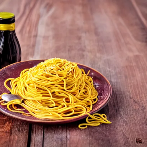Prompt: a bottle of mustard tripping over spaghetti falling out of its jacket, high detail, vibrant colors, award winning