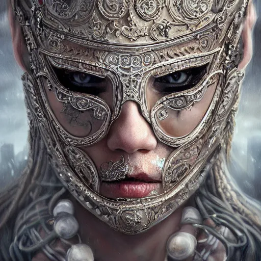 Image similar to Very very very very highly detailed epic portrait photo of face with venetian mask, intricate, dystopian, sci-fi, extremely detailed, digital painting, artstation, concept art, smooth, sharp focus, illustration, intimidating lighting, incredible art by Tokujin Yoshioka and Anton Pieck