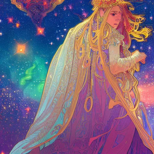 Image similar to a beautiful highly detailed digital art of colorful castle nebulas by, moebius, alphonse mucha, stars in the background, highly detailed, intricate design, cinematic view, 8 k resolution, trending on artstation