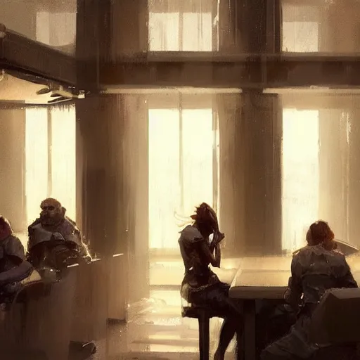 Image similar to concept art by greg rutkowski, a very tall, and slender woman with blond hair, sitting with the crew in the ship's dining room, brutalist futuristic interior, dark lighting atmosphere, detailed portraits, nostalgic atmosphere, scifi, digital painting, artstation, concept art, smooth, sharp foccus ilustration, artstation hq