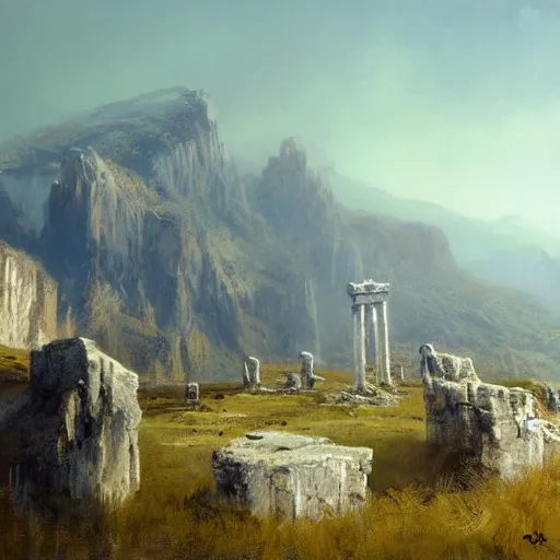 Prompt: concept art by craig mullins : an italian landscape, in the distance a small mesa of white marble can be seen. a stone henge is standig atop of the cliff