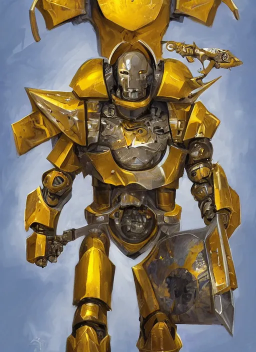 Prompt: dynamic portrait of a mecha warforged character in yellow armor holding a paladin engraved longsword and carrying a big shield, epic , trending on ArtStation, cinematic lighting, by Jesper Ejsing
