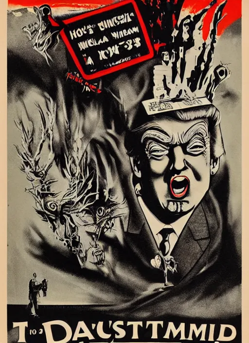 Image similar to Donald Trump's disgusting true form on a 1950s horror movie poster, inking, vintage 50s print, detailed, scary, horror, screen print, trending on artstation