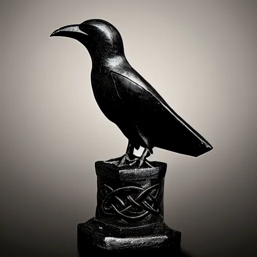 Prompt: sculpture of a black crow on a socket with celtic carvings