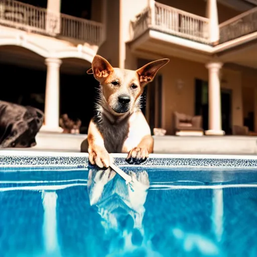 Prompt: a very detailed photo of a dog ( smoking a cigar ) outside the mansion by the pool