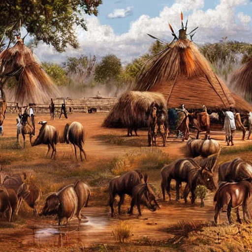 Image similar to digital painting highly detailed photo of a native indian village after a successful buffalo hunt