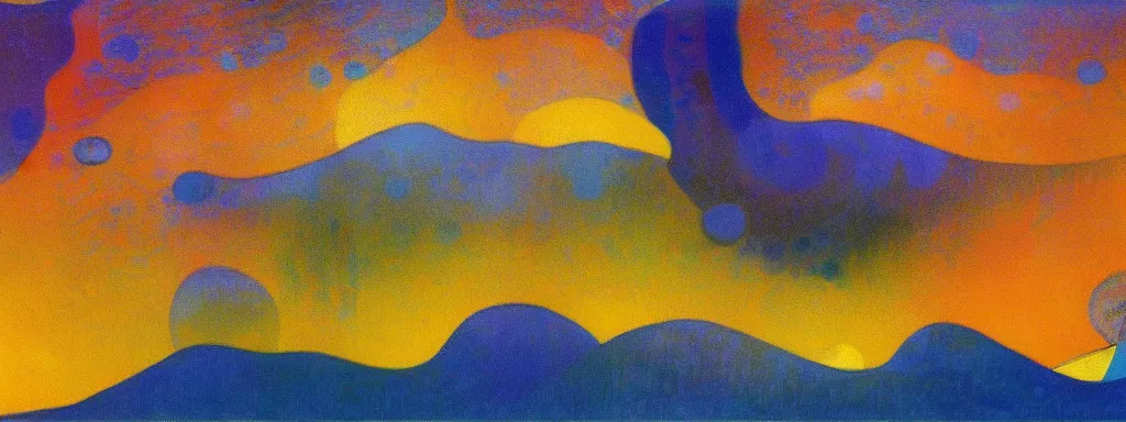 Image similar to An insane, modernist landscape painting. Wild energy patterns rippling in all directions. Curves, organic, zig-zags. Mountains, clouds. Rushing water. Waves. Psychedelic dream world. Odilon Redon. Alex Katz.