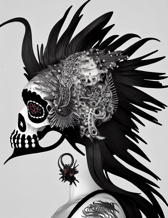 Image similar to 3 d goddess close - up profile simple portrait punk skull with mohawk with ram skull. beautiful intricately detailed japanese crow kitsune mask and clasical japanese kimono. betta fish, jellyfish phoenix, bio luminescent, plasma, ice, water, wind, creature, artwork by tooth wu and wlop and beeple and greg rutkowski