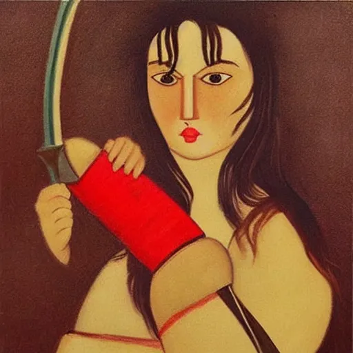 Image similar to “ she warrior with brunette long hair with a katana sword wearing red long boots painting with the style of botero ”