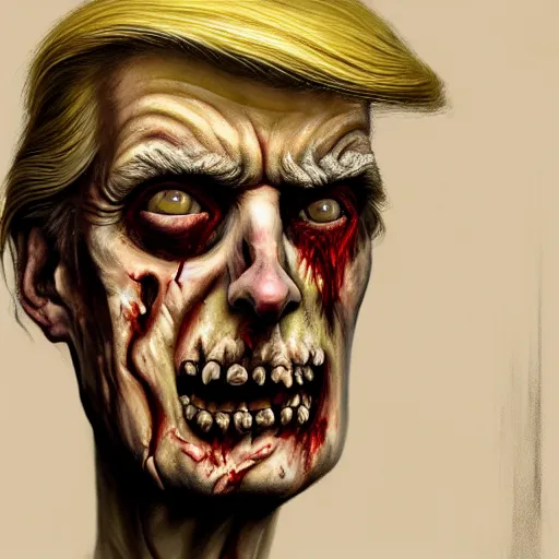Image similar to painted portrait of donald j. trump as a zombie, 7 days to die zombie, fine art, soft light from the side, award winning, subtle earthy tones, intricate, elegant, sharp focus, cinematic lighting, digital painting, 8 k concept art, art by michael hussar, art by brom, art by z. w. gu, 8 k