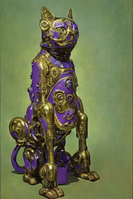 Image similar to sculpture of an ornate robot cat, by annie swynnerton and diego rivera and nicholas roerich and jean delville, symbolist, dramatic lighting, god rays, elaborate geometric ornament, art brut, colors are soft greens and blues and purple, smooth, sharp focus, extremely detailed, adolf wolfli and ( donato giancola )