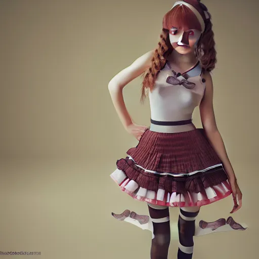 Image similar to cute teenage girl posing in a frilly skirt, cosplay, professional photoshooting, highly detailed, sharp focus, octane render, 8k