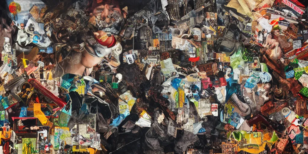 Image similar to mad trash bags, collage, acrylic on canvas, muralism, expressionism movement, high resolution, cinematic, unreal 6 breathtaking detailed, breathtaking detailed, by blake neubert