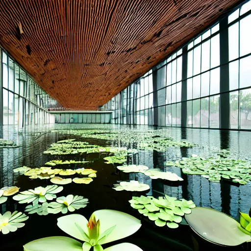 Prompt: professional photgraphy of a museum flooded with green water, water plants and lillies, wooden piers inside, great architecture by renzo piano, ambient light