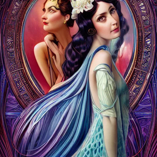 Prompt: an art nouveau, ( streamline moderne ), multi - racial portrait in the style of anna dittmann and gaston bussiere and chanthara. very large, clear, expressive, and intelligent eyes. centered, ultrasharp focus, dramatic lighting, photorealistic digital matte painting, intricate symmetrical ultra detailed background.