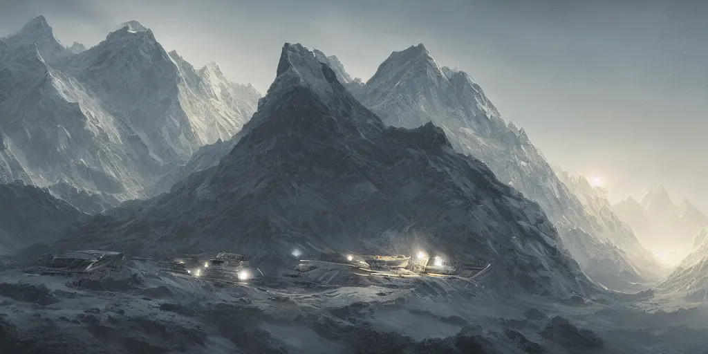 Image similar to a busy science-fiction base hidden in Himalayas, evening, matte painting, detailed, James Paick, artstation