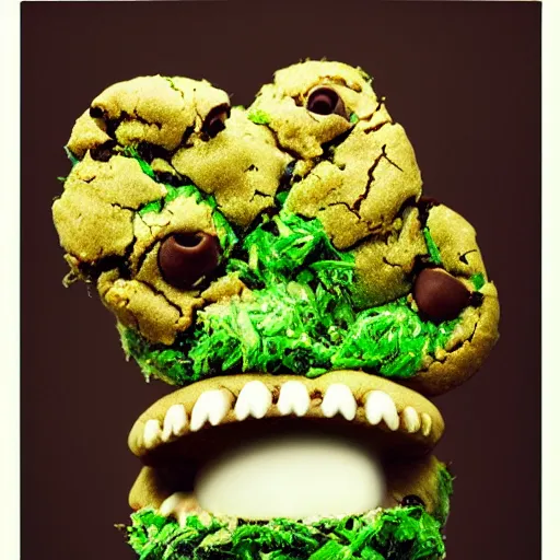 Prompt: !!! cookie monsta!!! made of weed buds eating a cookie photography portrait stylised jonathan zawada soft lighting