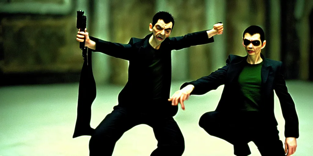 Image similar to hyper realistic, production still of neo ( ( mr. bean ) ) in the movie, the matrix ( 1 9 9 9 ), in an action fight sequence, 4 k, highly detailed, anamorphic
