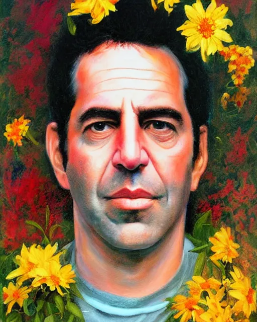 Prompt: a painting of jeffry epstein with flowers in his hair, a character portrait by drew struzan, behance contest winner, american scene painting, oil on canvas, matte drawing, studio portrait