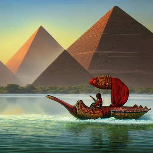 Image similar to an african queen riding a crocodile in the nile river by michael whelan and tyler edlin, oil on canvas, water fog, pyramid portal, 8k.