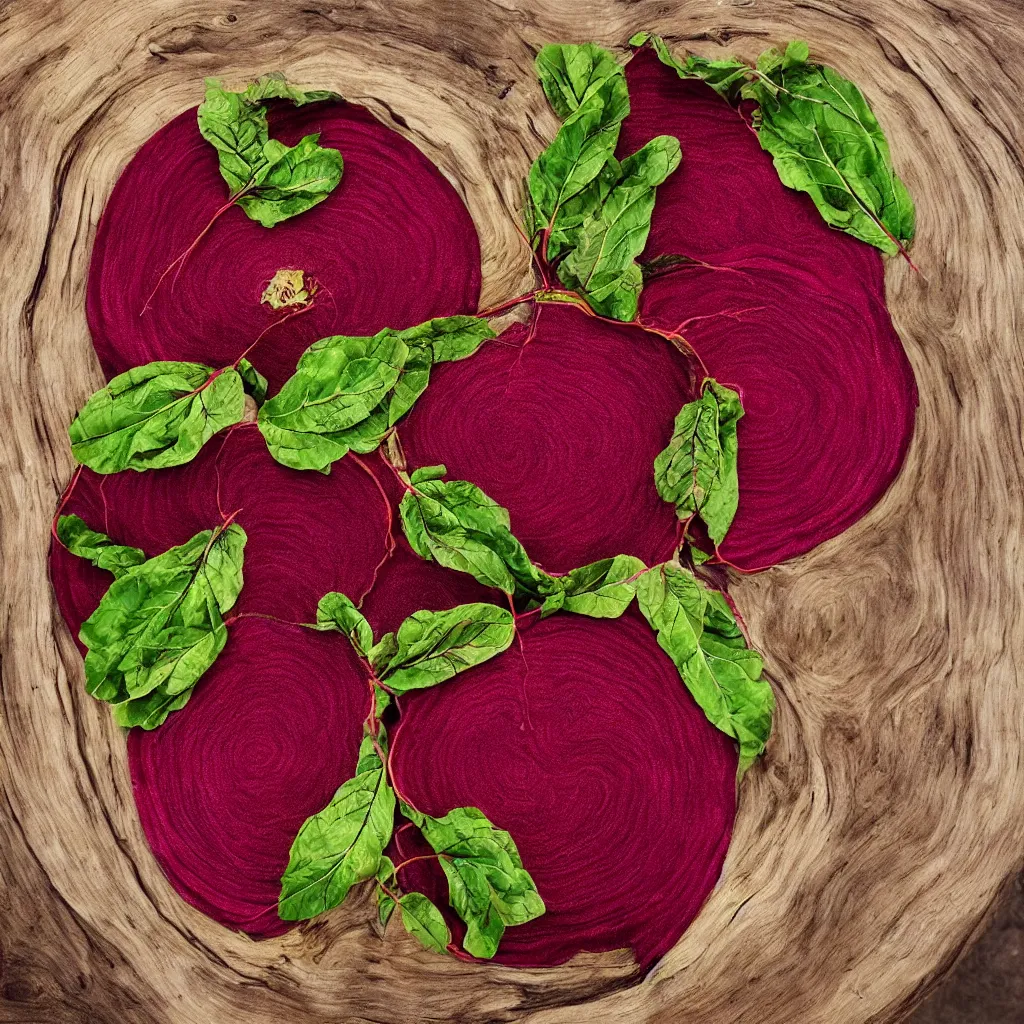 Image similar to embroidered giant cut beetroot, creating large spiral with embroidered leaves and fractal roots, over vivid wood table, food photography.. super detailed. masterpiece