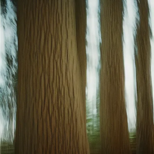 Prompt: long exposure photograph of eucalyptus trees, strong wind, soft focus, back light, mamiya, photographed by uta barth