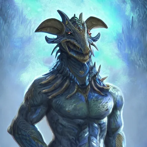 Image similar to A dragonborn with blue scales in a rainforest, trending on artstation, digital art