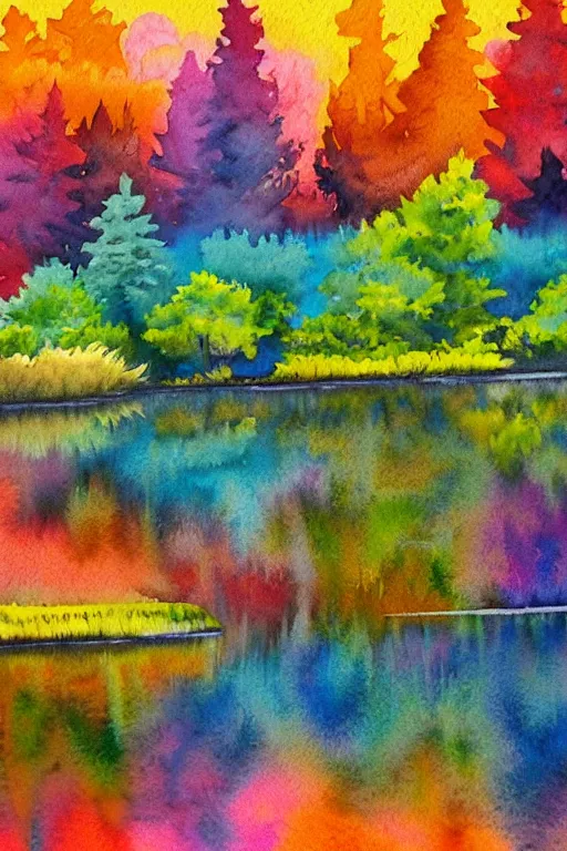 Prompt: beautiful colorful watercolor painting of trees reflecting on the lake