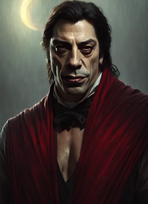 Image similar to Portrait of Javier Bardem as Dracula, D&D, muscular, fantasy, intricate, elegant, highly detailed, digital painting, artstation, concept art, smooth, sharp focus, illustration, art by artgerm and greg rutkowski and alphonse mucha