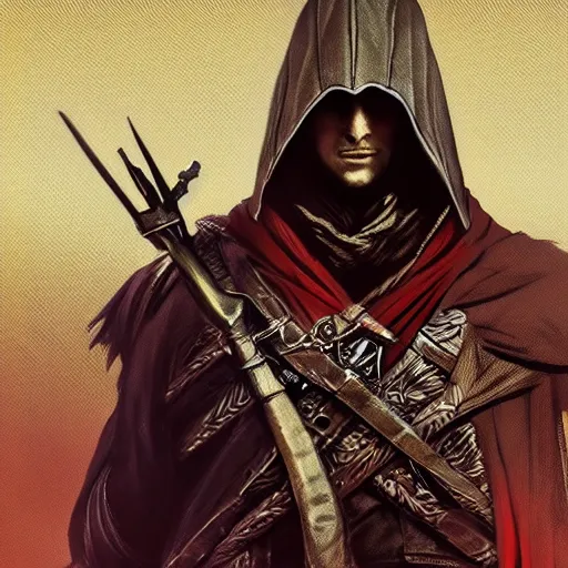 Image similar to an ultra detailed vector image of ezio auditore dressed as the hunter from bloodborne, concept art by alphonse mucha and greg rutkowski, praise the blood moon, octane render, liminal space