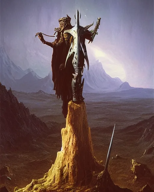 Image similar to the death knight, standing on a hill, by Thomas Cole and Wayne Barlowe