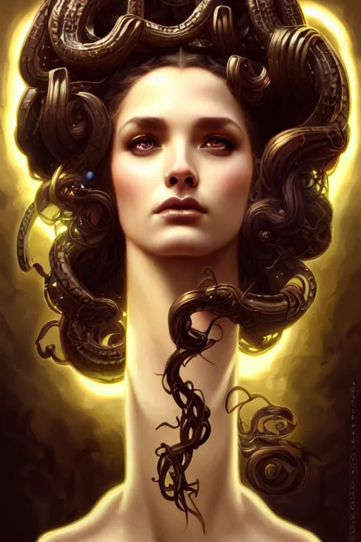 Image similar to greek medusa closeup filled background around face, fantasy magic, undercut hairstyle, dark light night, intricate, elegant, sharp focus, illustration, highly detailed, digital painting, concept art, matte, art by wlop and artgerm and greg rutkowski and alphonse mucha, masterpiece