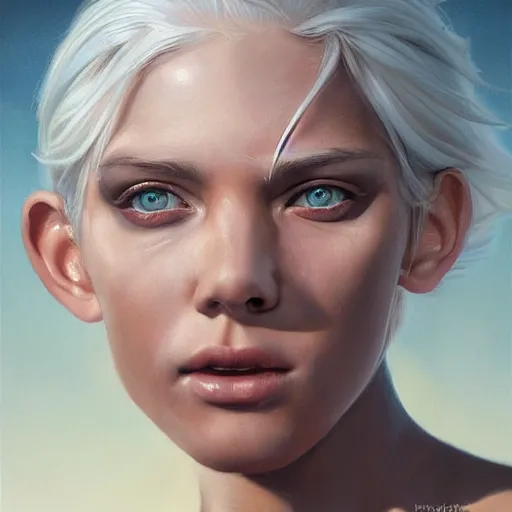 Image similar to a hyper realistic painting of a very beautiful silver haired girl with heterochromatic eyes in the sunset with muscles, digital painting, very beautiful face, pretty face, very detailed eyes, highly detailed, cute, by greg rutkowski, wlop