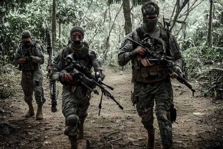 Image similar to Mercenary Special Forces soldiers in grey uniforms with black armored vest in a battlefield in the jungles 2022, Canon EOS R3, f/1.4, ISO 200, 1/160s, 8K, RAW, unedited, symmetrical balance, in-frame, combat photography