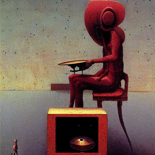 Prompt: by Beksinski , cyborg sitting Infront gramophone, high quality image, denoise