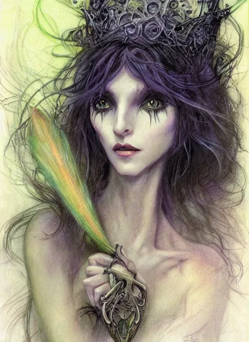 Image similar to portrait of lithe female sorceress of the fey, beautiful! coherent! dungeons and dragons character, by brian froud, strong line, night color, high contrast