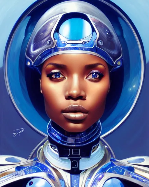 Image similar to Portrait of very very very very very very beautiful african woman, spacesuit, futuristic cybernetic helmet, blue eyes, real life skin, intricate, elegant, highly detailed, artstation, concept art, smooth, sharp focus, art by artgerm and greg rutkowski and alphonse mucha