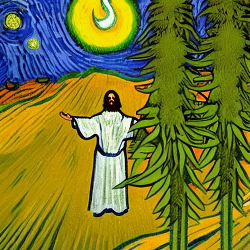 Image similar to jesus spreads his hands against the background of growing cannabis. an oil painting in the style of van gogh