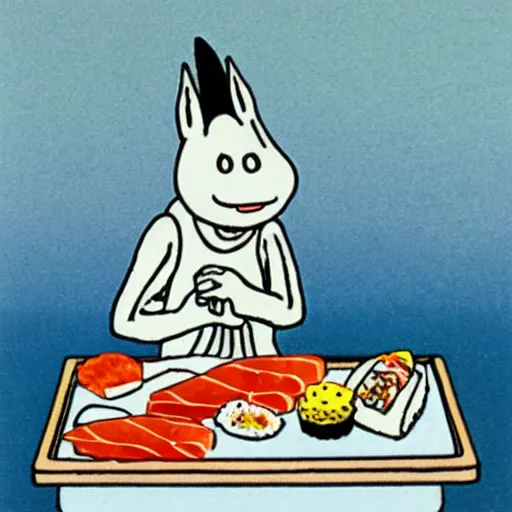 Prompt: Moomin eating sushi