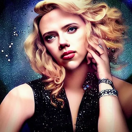 Image similar to “Scarlett Johansson portrait, fantasy, mermaid, cartoon, pearls, glowing hair, ”