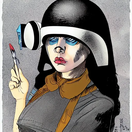 Image similar to portrait of girl wearing the sandman helmet, in the style of enki bilal and dave mckean