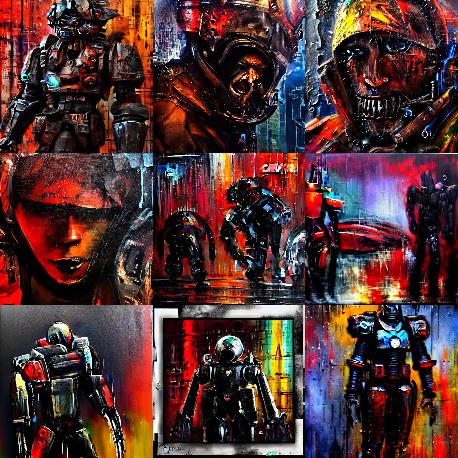 Prompt: old homeless mech warriors. new york after midnight, rain. epic futuristic scene. strong personalities and characters. tired, beaten tech. neo noir style, rain, oil, blood everywhere, dramatic high contrast lighting. high action! acrylic painting, layered impasto, heavy gesture style. closeup.