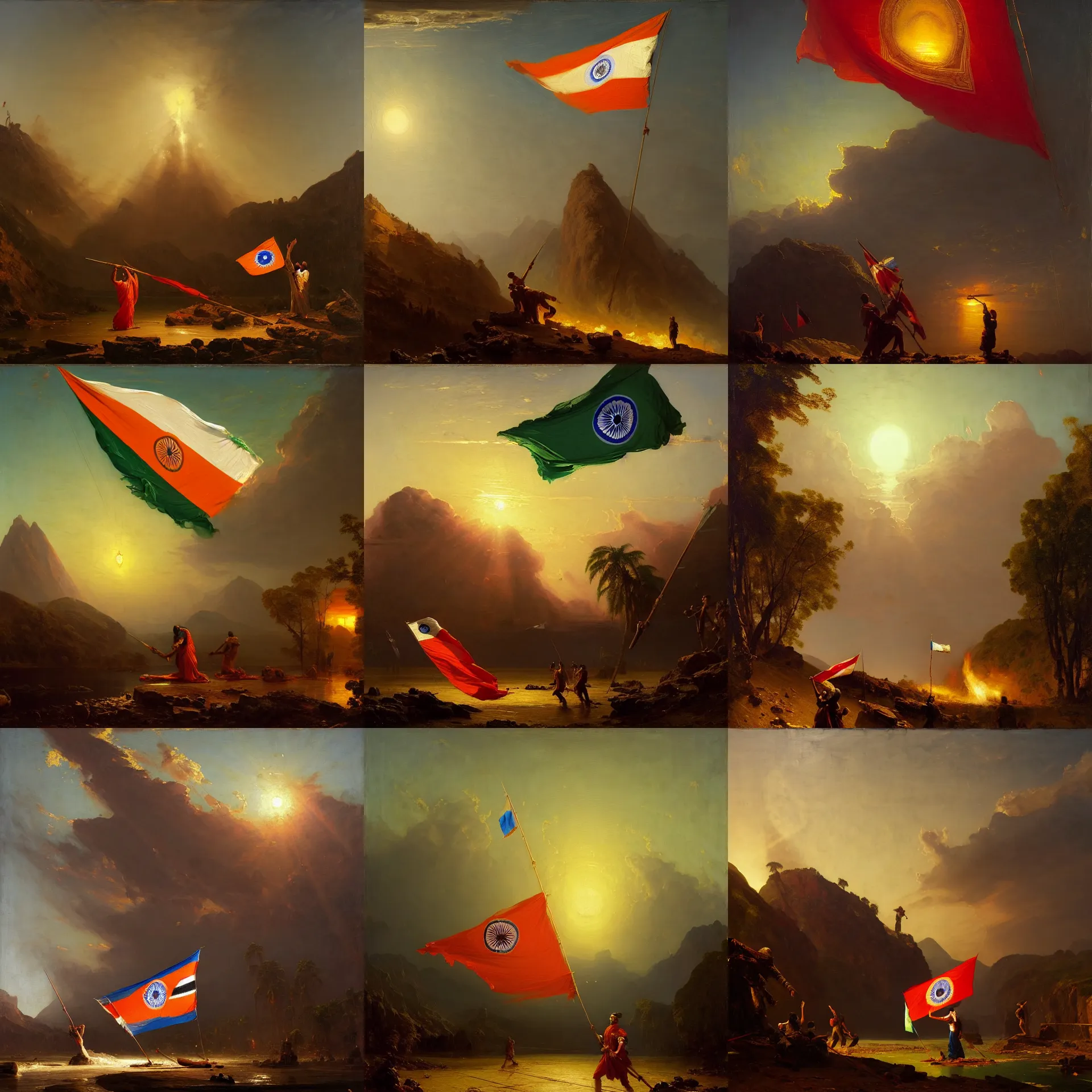 Prompt: a cinematic dramatic painting of death of indian flag, oil on canvas, by frederic edwin church, by simon stalenhag by abraham pether, by greg rutkowski, trending on artstation, featured on pixiv, baroque color scheme, masterpiece, dramatic composition, brilliant lighting, highly detailed, hd, 8 k