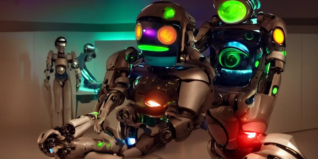 Image similar to futuristic robot babies with rgb ambient lighting eye implants. the robots wears spacesuits, and explores the cosmos on rocket space jet skis. science fiction blockbuster movie teen nebulous or my robot ate my homework, dramatic lighting, interstellar film ( 2 0 1 4 )