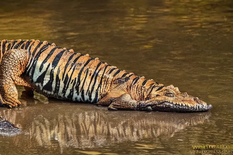 Image similar to an alligator tiger!!! hybrid! hyper realistic!! realistic lighting!! wildlife photographer of the year!!! bold natural colors, national geographic, hd, wide angle, 8 k