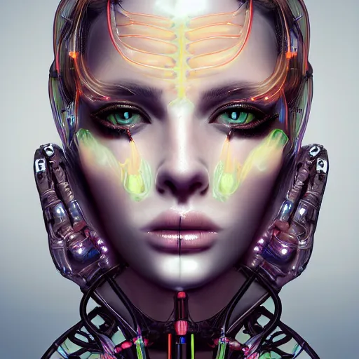 Prompt: very beautiful woman, bionic pupils, full face frontal centered, portrait, abundent detailed intricate symmetrical ornate neon cables connected to head, clear lips, luxurious long hair, sophisticated abundent wiring and implants, translucent, porcelain, fractal, sci - fi, dramatic lighting, photography, highly detailed, artstation, deviantart, 8 k, by chie yoshii