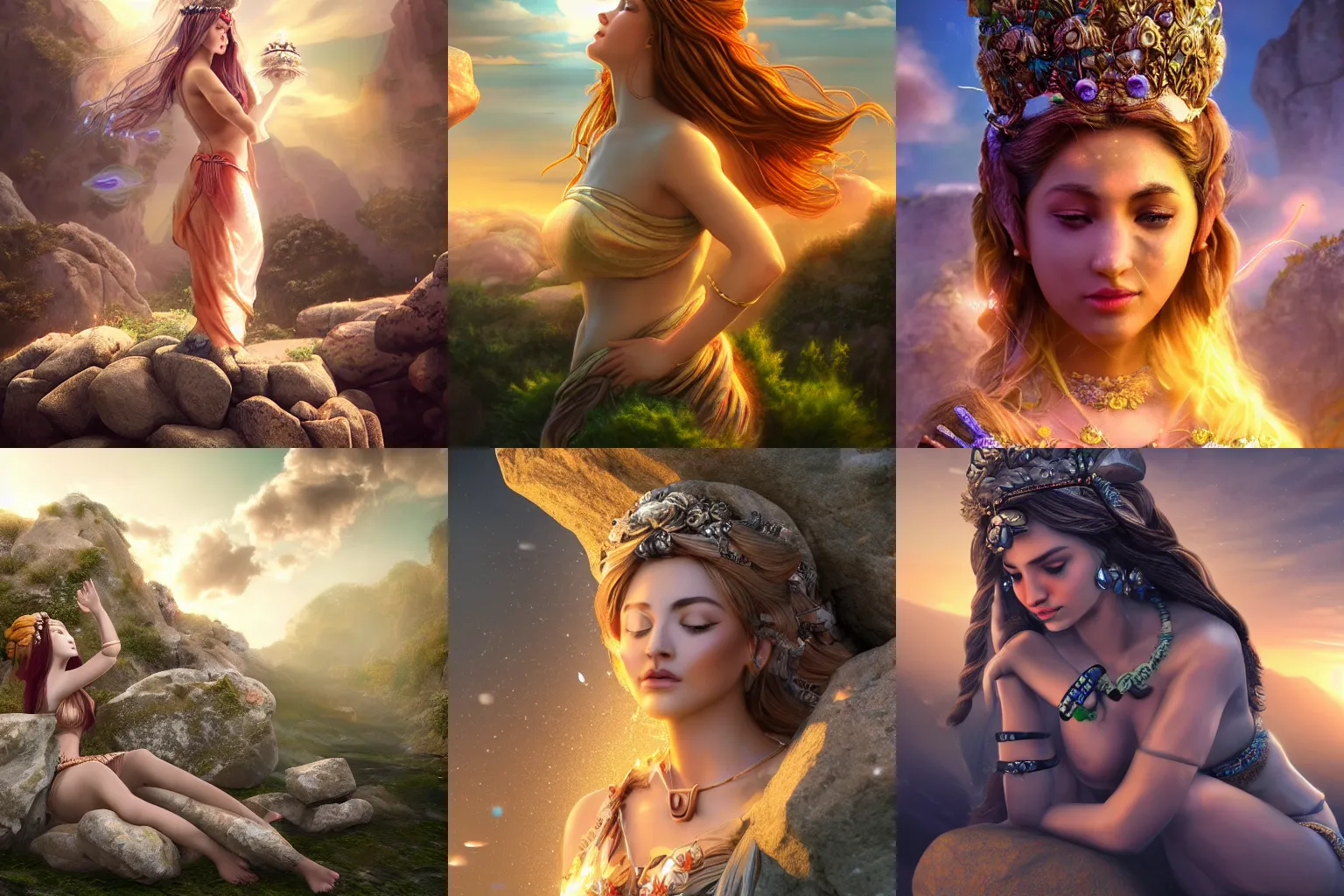 Prompt: a beautiful female goddess of the rocks character, character is in all its glory, character is in her natural relaxed pose, rim lights, particles and dust in the air, fancy clouds, highly detailed professional photo, dynamic lights, particles are flying, depth of field, trending on artstation, professional illustration, hyper realistic, vray caustics, super detailed, colorful accents, cinematic shot