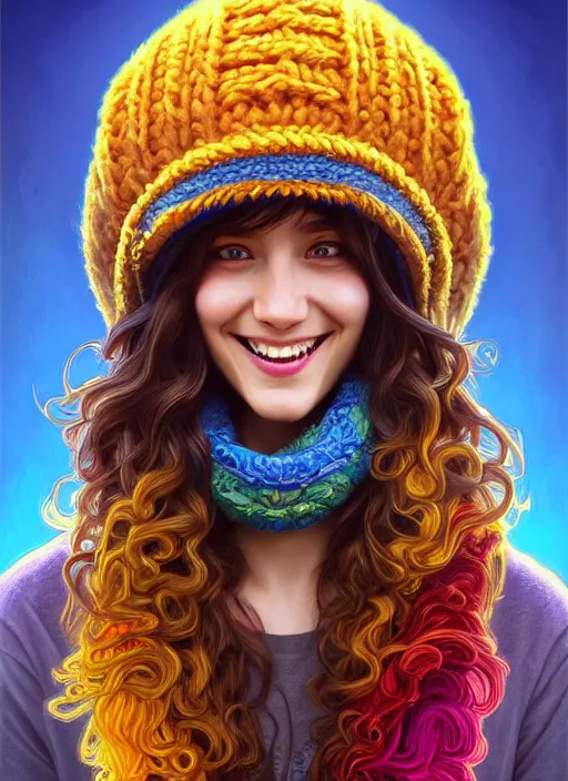 Prompt: symmetry!! portrait of smiling beaver!! big teeth! wearing a colorful beanie!, scarf!, long curly hair intricate, elegant, highly detailed, digital painting, artstation, concept art, smooth, sharp focus, illustration, art by artgerm and greg rutkowski and alphonse mucha, 8 k