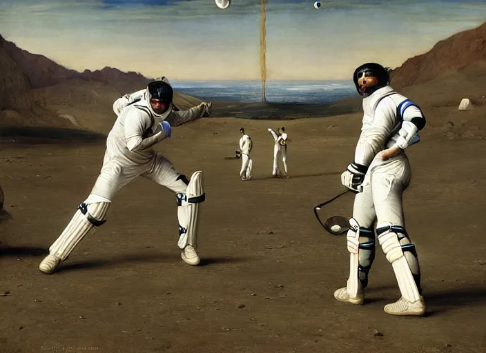 Image similar to a cricket match on the moon by edgar maxence and caravaggio and michael whelan and delacroix style, artistic, intricate painting, cinematic lighting, hyper realistic, extremely detailed, establishing shot, 8 k resolution, dramatic lighting